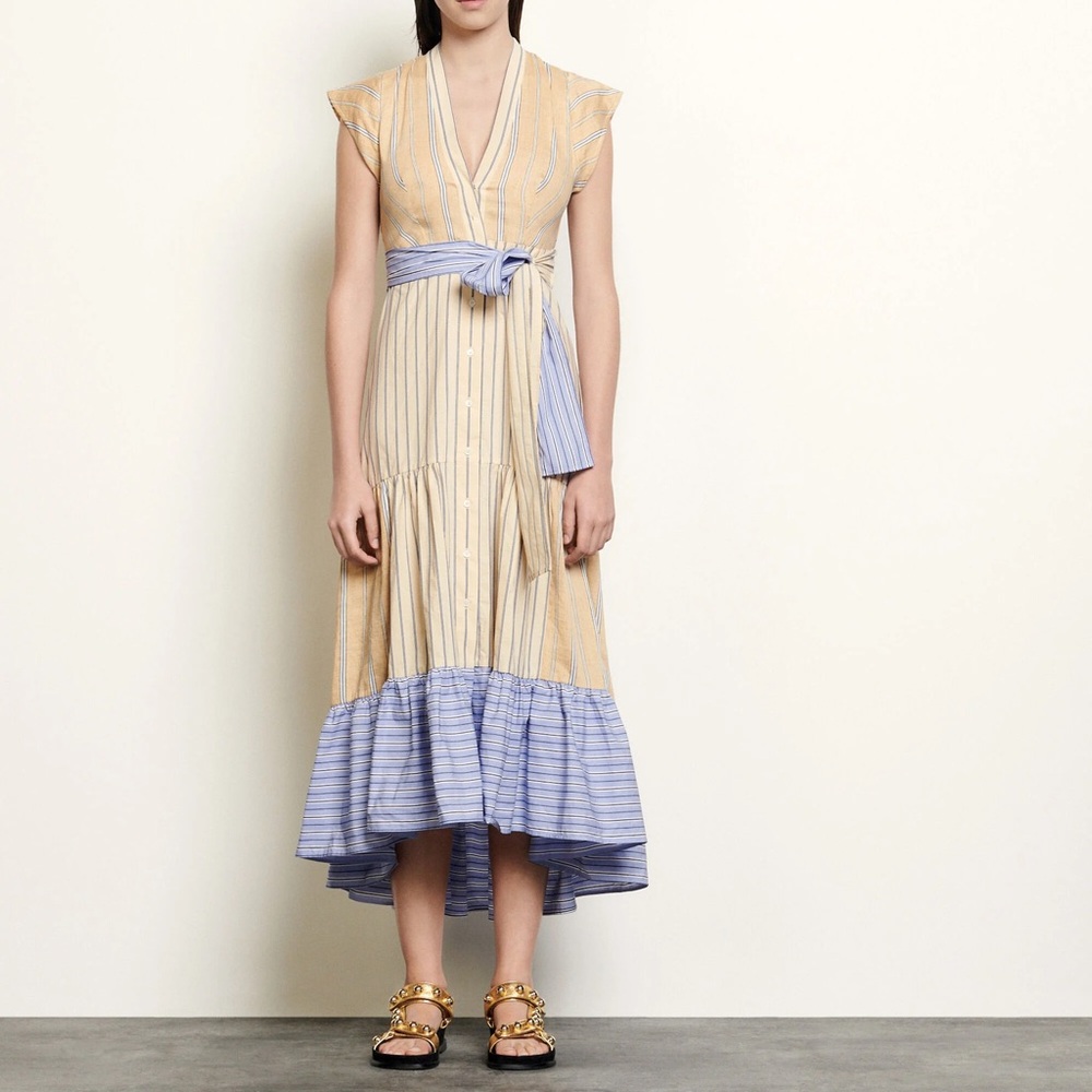Sandro Long asymmetric dress with stripes